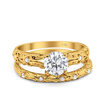 14K Yellow Gold Art Deco Round Two Piece Bridal Set Ring Engagement Band Simulated CZ Size 7